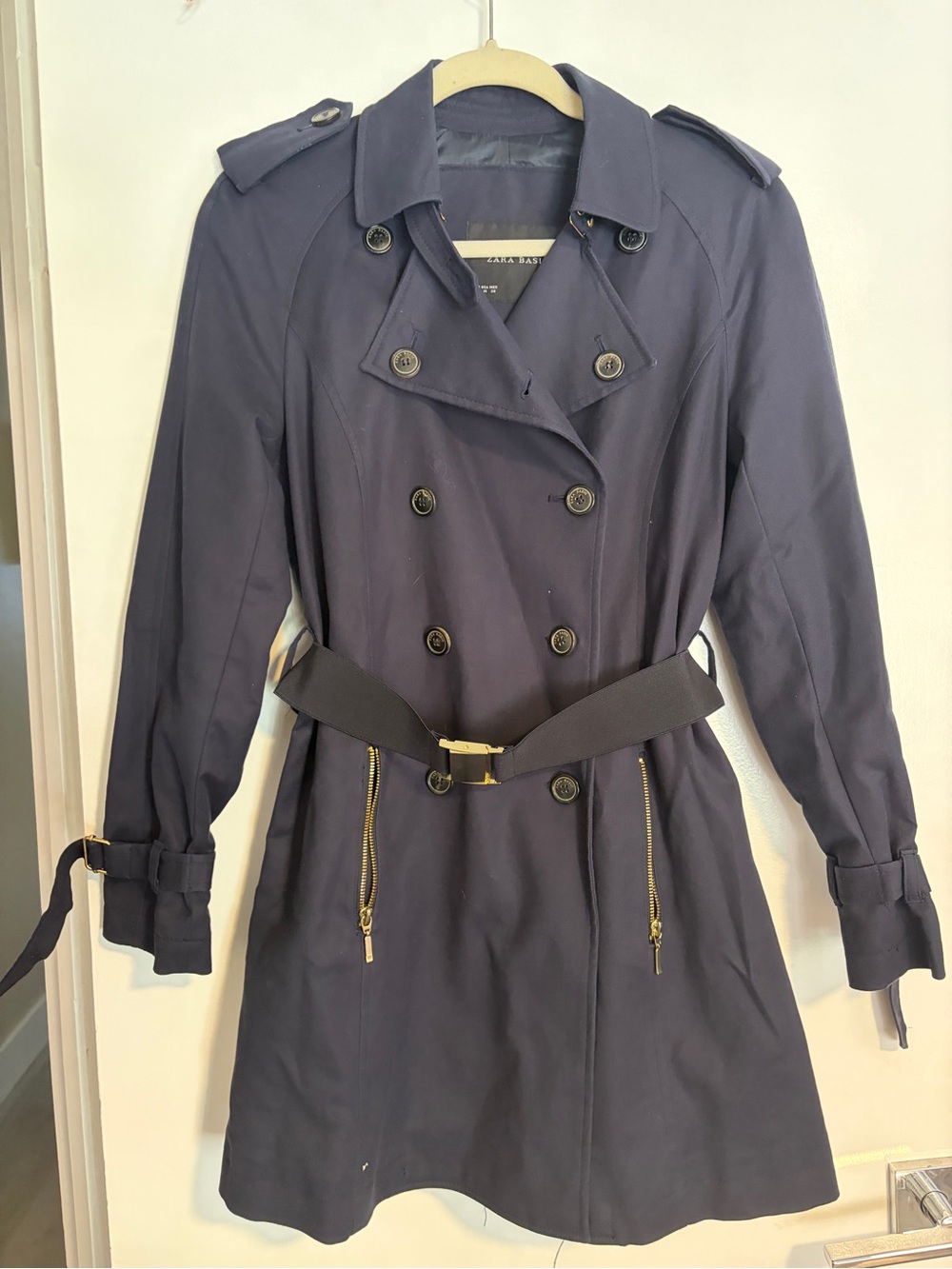Zara Navy Double-Breasted Trench Coat with Belt Classic Gold Sz Medium Cotton